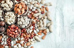 Assorted nuts for a background Almond, walnut,cashew, pistachios, hazelnuts, peanuts, Macadamia Collection of different varieties of nuts. Composition with dried fruits Healthy food. Organic. photo