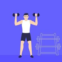 Man training shoulders, workout with dumbbells vector