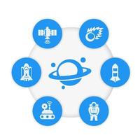 Space icons, satellite, comet, astronaut, shuttle, planet vector pictograms