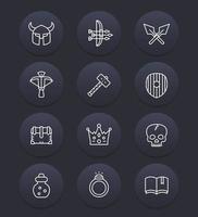Game line icons set 2, armor, war hammer, crossbow, arrows and bow, RPG items vector