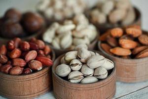 Assorted nuts for a background Almond, walnut,cashew, pistachios, hazelnuts, peanuts, Macadamia Collection of different varieties of nuts. Composition with dried fruits Healthy food. Organic. photo