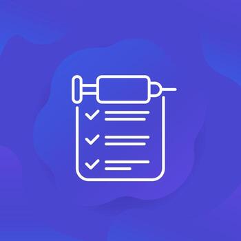 icono de línea de verificación de vacunación con lista de verificación y jeringa vector