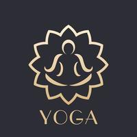 elemento del logotipo de yoga, contorno del hombre en posición de loto haciendo meditación, oro en la oscuridad vector