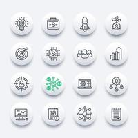 startup line icons set, product launch, initial capital, project funding, contract, ipo, target market vector