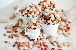 Assorted nuts for a background Almond, walnut,cashew, pistachios, hazelnuts, peanuts, Macadamia Collection of different varieties of nuts. Composition with dried fruits Healthy food. Organic. photo
