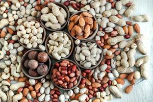 Assorted nuts for a background Almond, walnut,cashew, pistachios, hazelnuts, peanuts, Macadamia Collection of different varieties of nuts. Composition with dried fruits Healthy food. Organic. photo