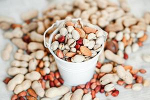 Assorted nuts for a background Almond, walnut,cashew, pistachios, hazelnuts, peanuts, Macadamia Collection of different varieties of nuts. Composition with dried fruits Healthy food. Organic. photo