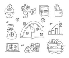 Finance doodle icon set. Saving money cartoons illustration. Pay with a card. vector