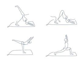 conjunto de poses de arte de línea de pilates. ilustración vectorial de contorno. colección de poses de yoga de una línea. las mujeres hacen yoga y pilates. vector