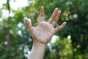 human hand raised green bokeh background photo