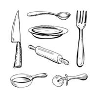 Set of 7 cutlery thin black lines on a white background - Vector