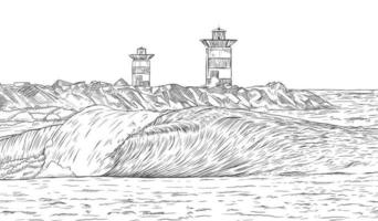 A Lighthouse On A Rocky Shore And some waves On The Horizon Hand Drawn Sketch