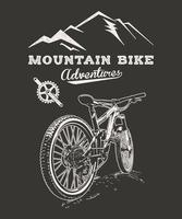 Mountain bike adventure vector line art illustration on a black background