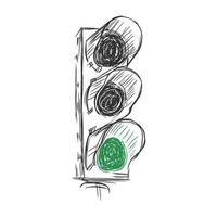Traffic lights, only green lights is on, hand drawn vector illustration