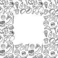 Seamless fast food pattern with place for text. Doodle vector with fast food icons on white background. Vintage fast food illustration, sweet elements background for your project, menu, cafe shop