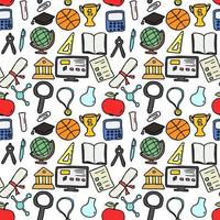 Colored seamless vector pattern with education icons. Doodle vector with education and school icons on white background. Vintage education pattern