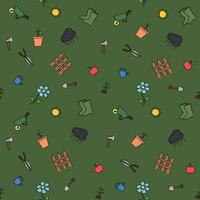 Colored seamless gardening pattern. Doodle vector with gardening icons. Vintage gardening icons on green background