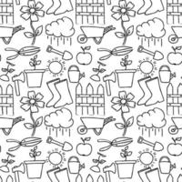 Seamless gardening pattern. Doodle vector with gardening icons. Vintage gardening icons on white background