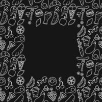 Doodle vector with food icons on black background. seamless pattern with food icons and place for text