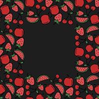 patrón de frutas sin fisuras con lugar para el texto. ilustración de fideos con iconos de frutas sobre fondo negro. patrón de fruta de la vendimia vector