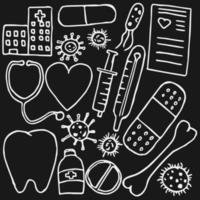 medicine icons. Doodle vector with medicine icons on black background. Vintage medicine icons