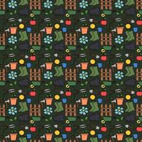 Colored seamless gardening pattern. Doodle vector with gardening icons. Vintage gardening icons on green background