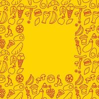 Doodle vector with food icons on yellow background. seamless pattern with food icons and place for text