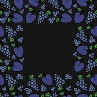 grape and plum on black background. vector food icons. Colored seamless pattern with blue fruit icons