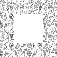 Doodle vector con iconos de alimentos sobre fondo blanco. patrones sin fisuras con iconos de comida y lugar para texto