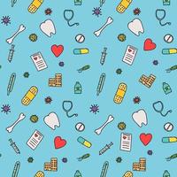 Colored seamless medicine pattern. Doodle vector with medicine icons on blue background. Vintage medicine icons