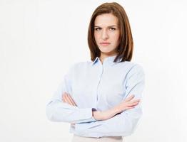 Portrait of young brunette woman on white background. photo