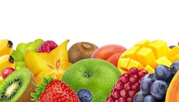 Assortment of exotic fruits isolated on white background with copy space, fresh and healthy fruits and berries close-up, panoramic photo