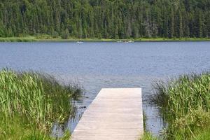 a wooden dock leads into a calm lake photo