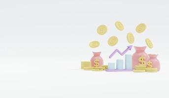 3D Rendering concept of money investment, financial services. Pastel coins and money bag with graph and arrow with space for text on the left on white background. 3D Render. illustration. photo