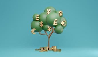 3D Rendering concept of money currencies. Fiat currency money tree on background. Symbols us dollar, pound sterling, euro, japan yen. 3D Render. 3d illustration.