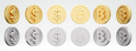 3D Rendering concept of rotation us dollar and bit coin golden and silver at different angles. Set of spinning coins in many views isolated on white background. 3D Render. 3d illustration. photo
