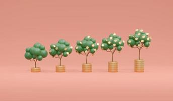 3D Rendering of growing of money tree arrange small to big on stack of coin on background concept of financial investment, financial growth, achievement. 3D Render. 3D illustration. photo
