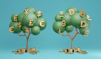 3D Rendering concept of money currencies comparison. Fiat currency tree and cryptocurrency tree on background. 3D Render. 3d illustration. Minimal idea style. photo