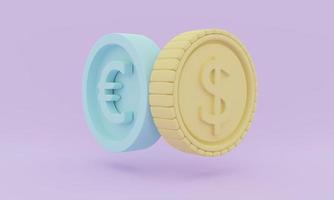 Concepto de representación 3d de las finanzas monetarias en euros y dólares. estilo de dibujos animados en colores pastel de moneda euro y dólar. procesamiento 3d ilustración 3d foto