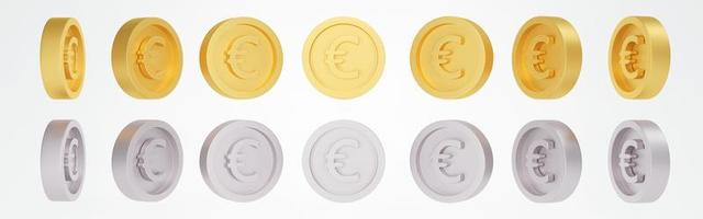 concepto de representación 3d de la financiación del dinero en moneda euro. un conjunto de monedas de euro de oro y plata giratorias en muchas vistas giran en diferentes ángulos aisladas sobre fondo blanco. prestar. ilustración. foto