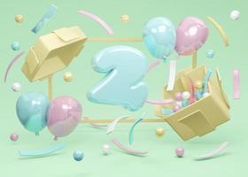 3D Rendering concept of happy birthday party. Number 2 birthday explode from gift box with balloons and confetti on green background. 3D Render. 3D illustration. Minimal design template.