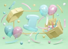 3D Rendering concept of happy birthday party. Number 1 birthday explode from gift box with balloons and confetti on green background. 3D Render. 3D illustration. Minimal design template.