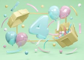 3D Rendering concept of happy birthday party. Number 4 birthday explode from gift box with balloons and confetti on green background. 3D Render. 3D illustration. Minimal design template.