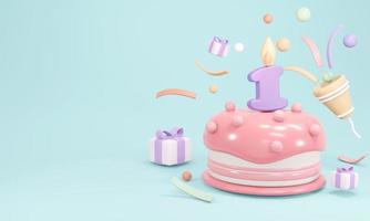 3D Rendering of pastel birthday cake party with candle number 1 with copy space on blue background. 3D Render illustration. photo