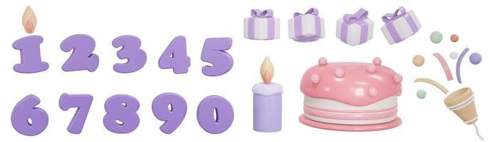 Representación 3d de elementos de cumpleaños. caja de regalo con número de vela de pastel de cumpleaños y aislamiento de popper de fiesta sobre fondo blanco. Ilustración de procesamiento 3d. foto
