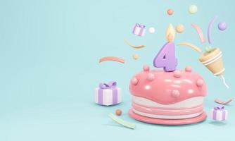 3D Rendering of pastel birthday cake party with candle number 4 with copy space on blue background. 3D Render illustration. photo