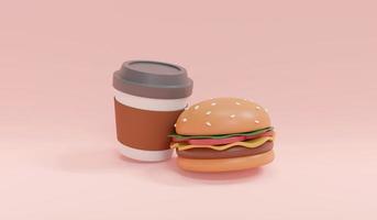 3d Rendering concept of food, American breakfast. A cup of coffee with burger on pink background. 3D Render. 3D illustration. Minimal design template. photo