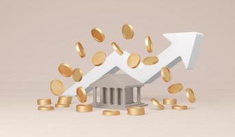 3D Rendering of a money coin with bank icon and arrow graph pointing up on background concept of economic, Ministry of Finance. 3D Render illustration. photo