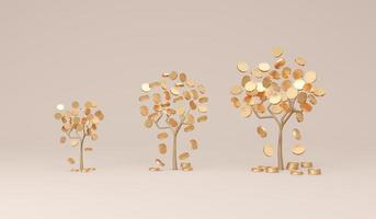 3D Rendering trees with coins falling down from small to big in gold theme on background concept of money tree financial investment. 3D Render illustration. Economic growth. photo