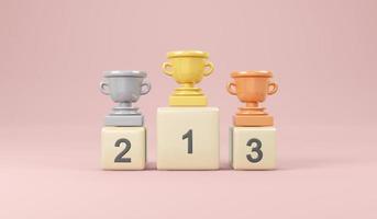 concepto de representación 3d del ganador. conjunto de trofeos en bronce dorado plateado en el podio ganador 1º 2º 3º sobre fondo rosa. procesamiento 3d ilustración 3d plantilla de diseño mínimo. foto